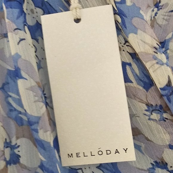 MELLODAY blue BLOUSE top FLORAL lined SMOCKED ruffles BLOUSE - Picture 12 of 12